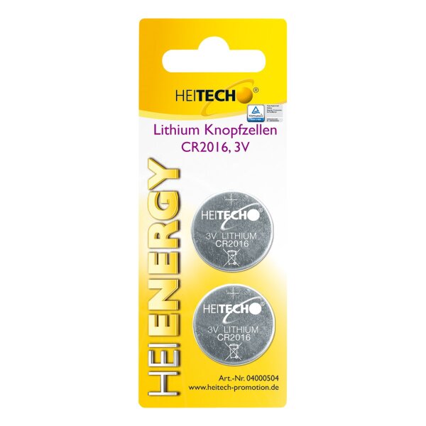 Heitech Lithium Knopfzellen, 2-er Pack, CR2016, 75 mAh, 3 V
