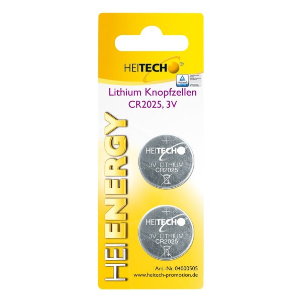 Heitech Lithium Knopfzellen, 2-er Pack, CR2025, 150 mAh, 3 V