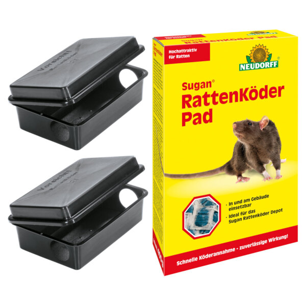 Set zur Rattenbekämpfung - 2x Ratten Köderstation + Sugan Rattenköder Pad 400 g