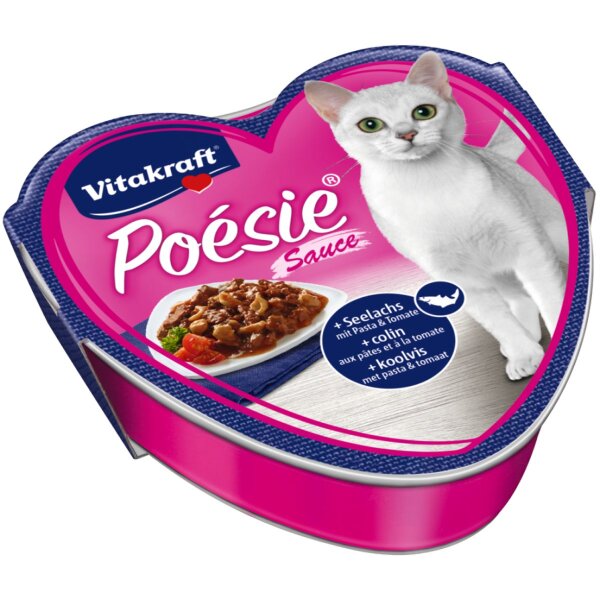Vitakraft Katzenfutter Poesie Sauce, Seelaachs mit Pasta und Tomate - 15 Schalen